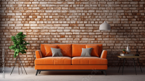 cute orange velvet loveseat sofa in empty room with brick wall. interior design