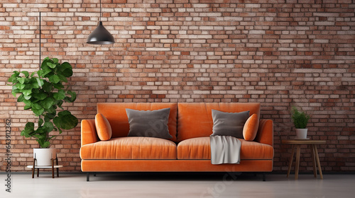 interior design with cute orange velvet loveseat sofa in empty room with brick wall. photo