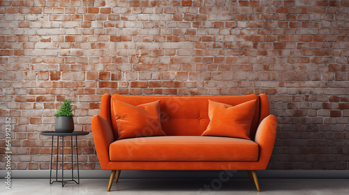 cute orange velvet loveseat sofa in empty room with brick wall. interior design photo