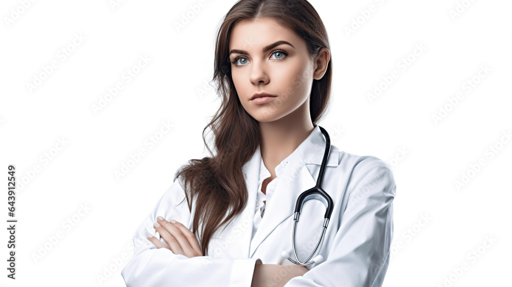 portrait of caucasian woman wearing doctors uniform isolated on white background portrait of caucasian woman wearing doctors uniform isolated on white background