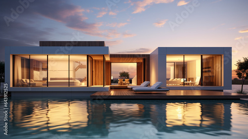 exterior of modern minimalist cubic villa with swimming pool with reflection on water
