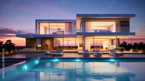 exterior of modern minimalist cubic villa with swimming pool © pjdesign
