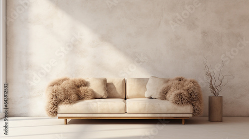 fur loveseat sofa near empty beige stucco wall with sunlight.