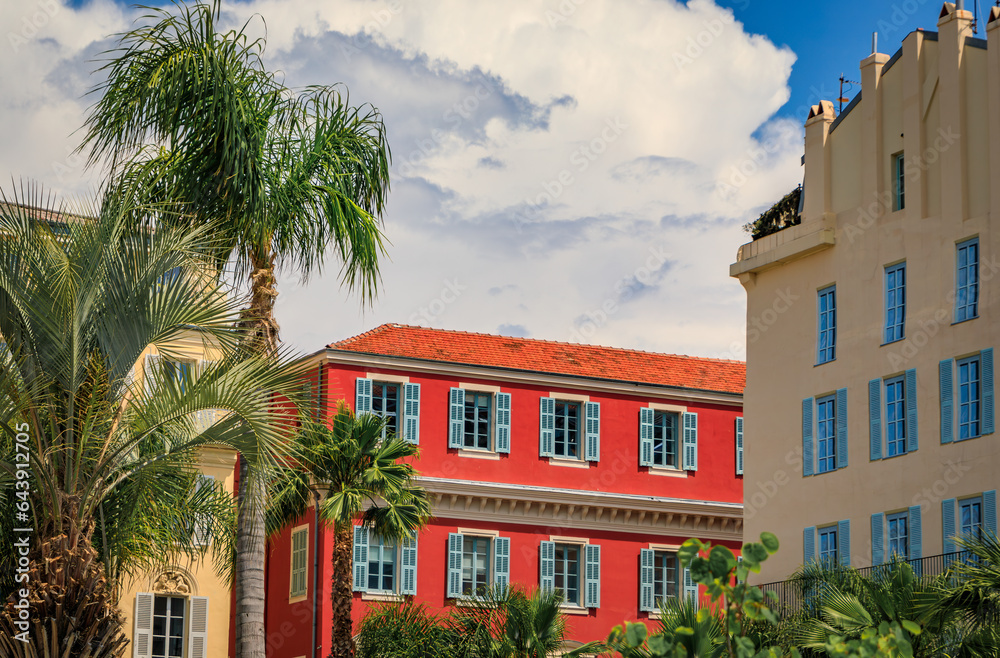 Picturesque colorful traditional old houses on a street in the Old Town, Vieille Ville in Nice, French Riviera, South of France