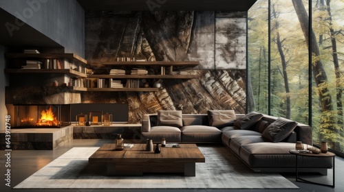 Interior of cozy living area in modern luxury cottage. Stone wall, corner sofa with cushions, rough wooden coffee table, fireplace, bookshelf. Panoramic window with forest view. Eco home design. © Georgii
