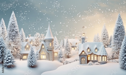 Winter village landscape in Christmas style. Fairy-tale little houses. Generative Ai