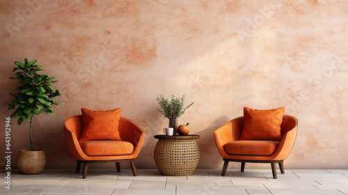 orange snuggle chair and rustic side tables near stucco wall