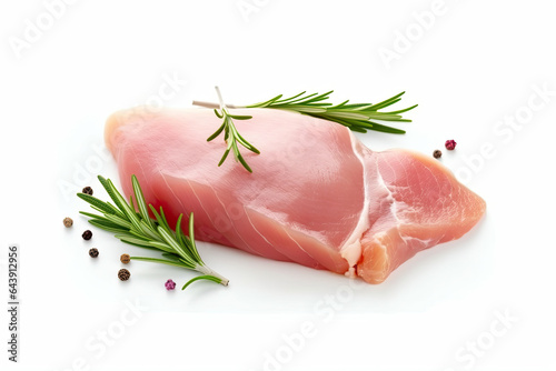 Chicken breast meat and herbs isolated on white, Generative AI