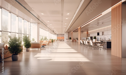 Large glass office hall with many desks for clerks. AI generated
