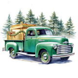 Christmas abstract emerald green retro car with Christmas Watercolor holiday illustration.