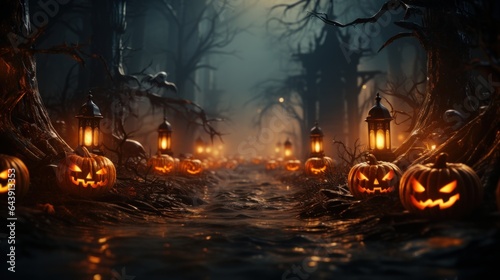 Dark tones Halloween composition in sinister cemetery alley under moonlight. Spooky pumpkin jack-o-lanterns, burning candles, gnarled bare trees, night fog. Halloween celebration concept.