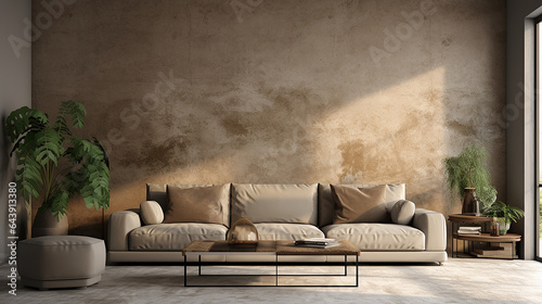sofa in room with grunge stucco wall and much grernery with sunlight