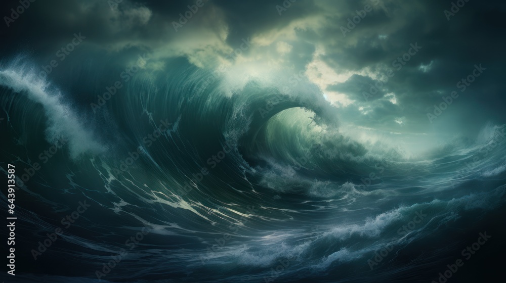 A metaphorical stormy sea, waves crashing and swirling, symbolizing the emotional turbulence within - obrazy, fototapety, plakaty 