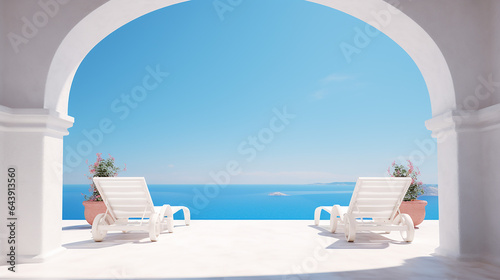 two sun beds on white terrace with arch. traditional mediterranean architecture under blue clear sky. Summer vacation background