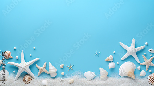 starfish sea shell and different shapes on blue cute background design photo