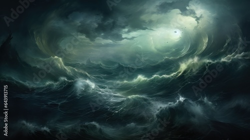 A metaphorical stormy sea, waves crashing and swirling, symbolizing the emotional turbulence within