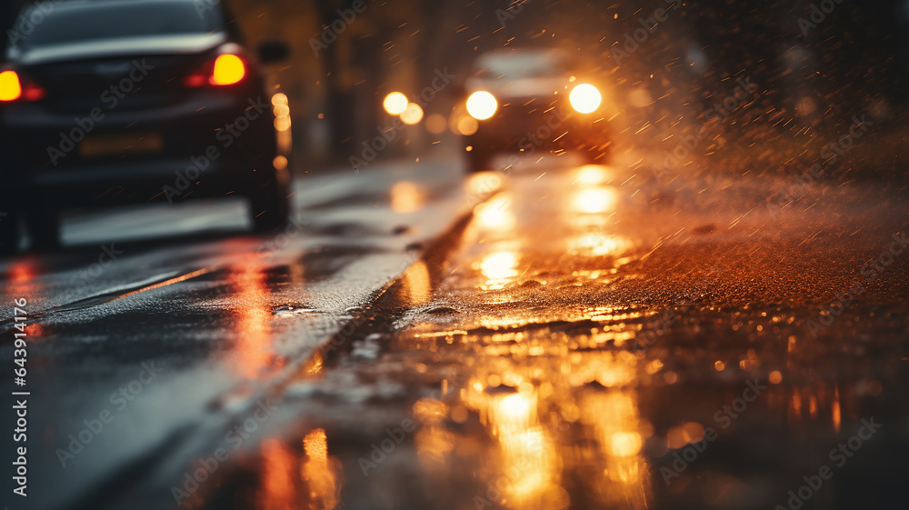 car luminous fog lamp close-up, autumn wet road in the weather rain and ...