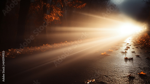 autumn fog on a wet night road in the headlights of a car  autumn dangerous driving weather  fog in the light of a car