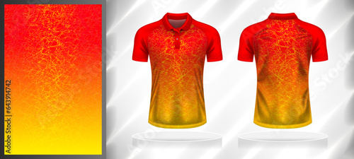 Vector sport pattern design template for Polo T-shirt front and back with short sleeve view mockup. Shades of red-orange-yellow color gradient abstract grunge line texture background illustration.