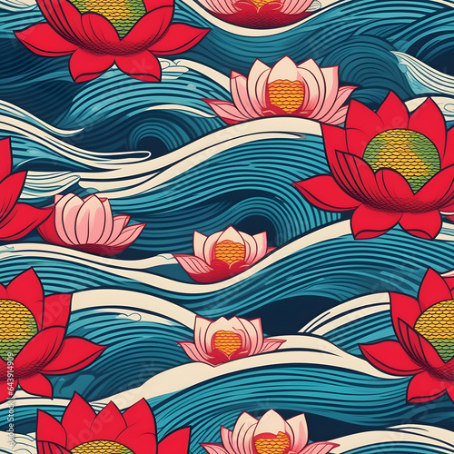Japanese wave pattern in shade colors of light blue to dark blue, with lotus flowers in red and light pink, yellow center, arts and crafts background, paper, scrapbooking