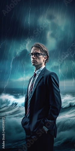 Businessman in Glasses Stands on a Rocky Outcrop in the Ocean, Analyzing an Illuminating Stock Market Graph Amidst Flashing Lightning. Celebrity-Portrait Style with Personality