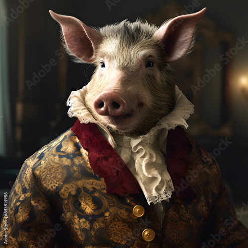 Realistic lifelike boar hog pig in renaissance regal medieval noble royal outfits, commercial, editorial advertisement, surreal surrealism. 18th-century historical