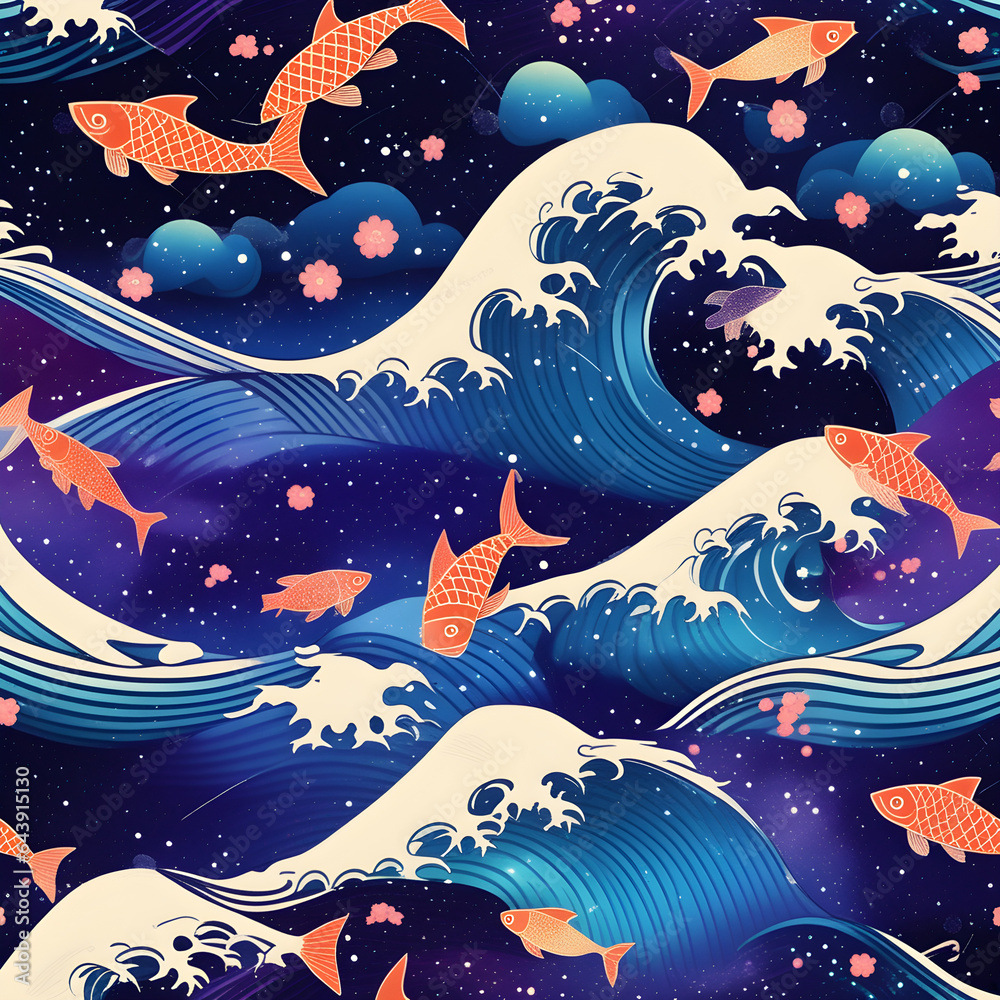 Japanese wave pattern in galaxy colors, shades of blue, purple, black with orange fishes, background for paper crafts and scrapbooking