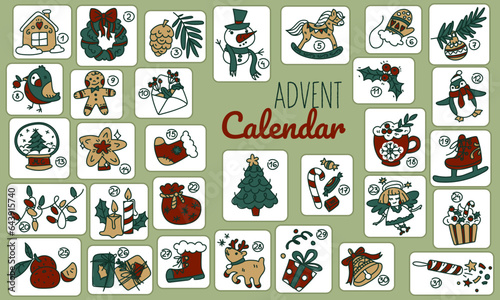 Vector Christmas Advent calendar in retro style. Collection of vector illustrations with animals. Christmas pictures with festive elements for 31 days. Framed items