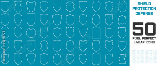Shield Pixel Perfect Icon Linear Silhouette vector set. Shield shape, security label pictogram. 50 medieval isolated badge. Protect coat of arms sign, safety simple sticker. Line art safeguard kit