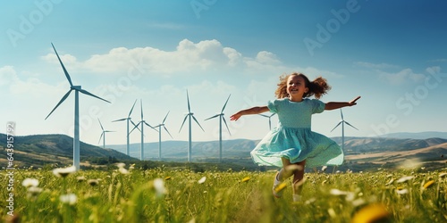  Child Running with a Colorful Pinwheel Amidst Wind Turbines. A Summer Scene of Blue Skies, Green Hills, and Renewable Energy Generation, Inspiring Eco-Friendly Power for the Future photo