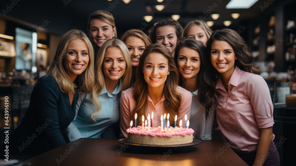 Portrait of happy workers female colleagues friends holding birthday cake and smiling at camera in workplace. Portrait of happy workers female colleagues friends holding birthday cake and smiling at camera in workplace.