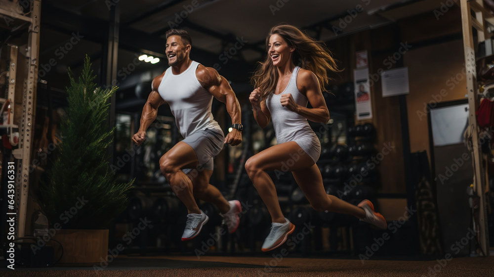 Young couple running in the gym and flexing muscles - Muscular Athletic Bodybuilder Fitness Model Exercises.