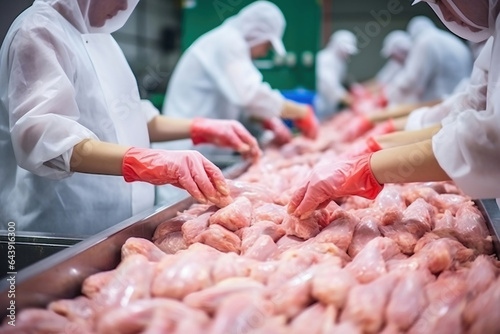 Poultry farm for the production of chicken meat. Industrial production and packaging of chicken meat. People process and sort chicken meat on a conveyor. modern food industry.