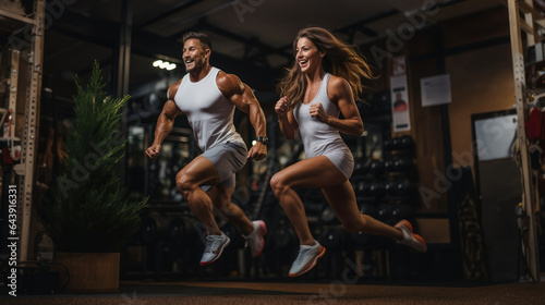 Young couple running in the gym and flexing muscles - Muscular Athletic Bodybuilder Fitness Model Exercises.