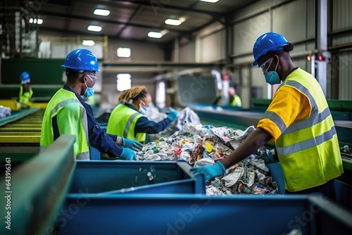 Waste sorting plant. Many different conveyors and bunkers. Workers sort the garbage on the conveyor. Waste disposal and recycling. Waste recycling plant.