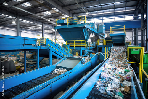 A conveyor belt full of garbage in a factory. Plant for the processing and sorting of garbage and household waste. Waste disposal and recycling. Ecology. Secondary use of resources. © Anoo