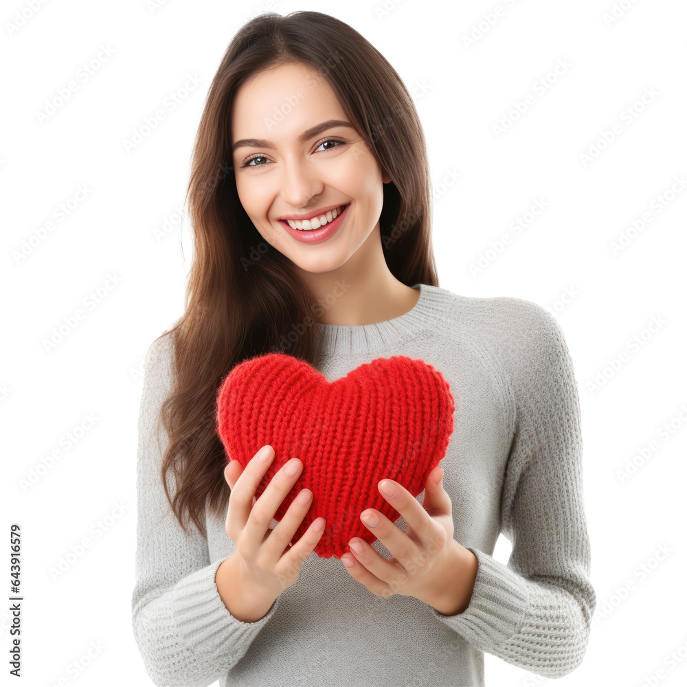 Happy young woman wigth knitted heart in hands Happy young woman wigth knitted heart in hands