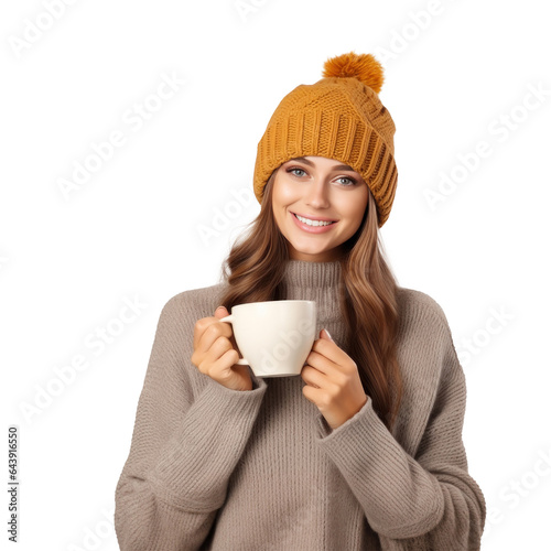 Happy woman in knitted hat with cup of hot tea