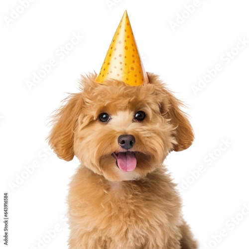 Fluffy dog with birthday cap isolated