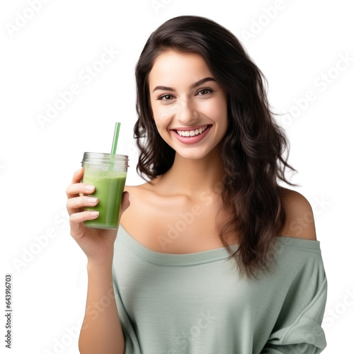 Woman with glass of smoothie in her hand