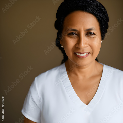 A portrait photo of an attractive female middle aged mixed race nurse.