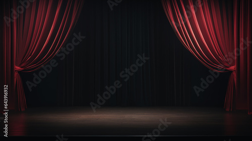 red theater curtain, stage curtain in the theater, stage podium the blank for the performance is free