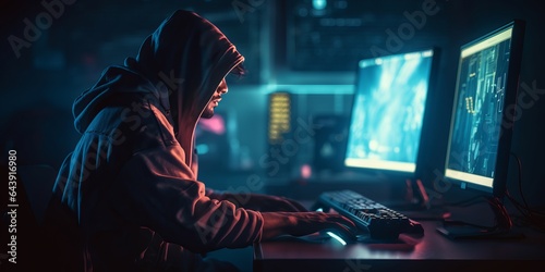 Gaming at His Computer with Neon-Lit Monitors. Detailed Atmospheric Portraits in the Gadgetpunk photo