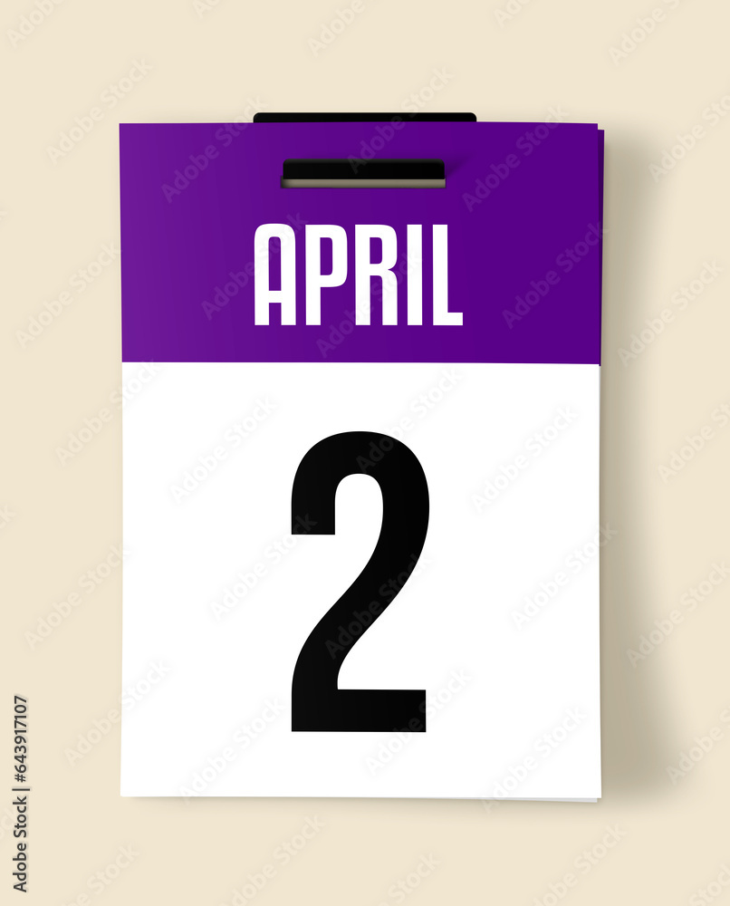 2 April Calendar Date, Realistic calendar sheet hanging on wall 2 April Calendar Date, Realistic calendar sheet hanging on wall
