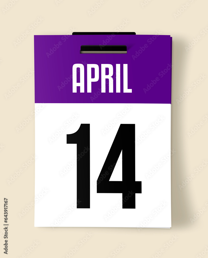 14 April Calendar Date, Realistic calendar sheet hanging on wall 14 April Calendar Date, Realistic calendar sheet hanging on wall