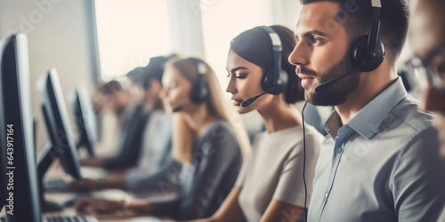 Obraz na płótnie Customer Support: Responsive Representatives at Work in a Bustling Call Center