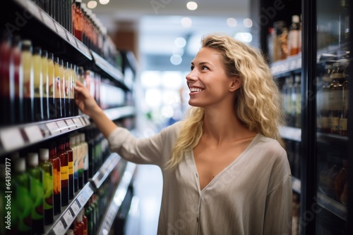 A woman shopping products in a grocery store, considering nutrition, prices, and ingredients, demonstrating informed consumer behavior.