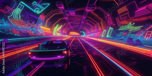  Retro Arcade: Immerse Yourself in a Neon-Soaked Wonderland. Glowing Arcade Machines, Vibrant Pixel Art, and a Dance Floor Awash in Colorful Lights and Funky Music Create the Ultimate Retro Gaming photo