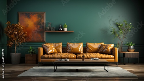 Front view of modern luxury living room. Emerald wall with poster, hardwood floor, stylish leather sofa, coffee table, decorative plants, home decor. Contemporary home design. Template, 3D rendering.
