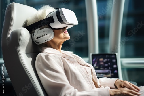Granny patients Wearing VR headset future medical technology, Generate with Ai © Prathankarnpap